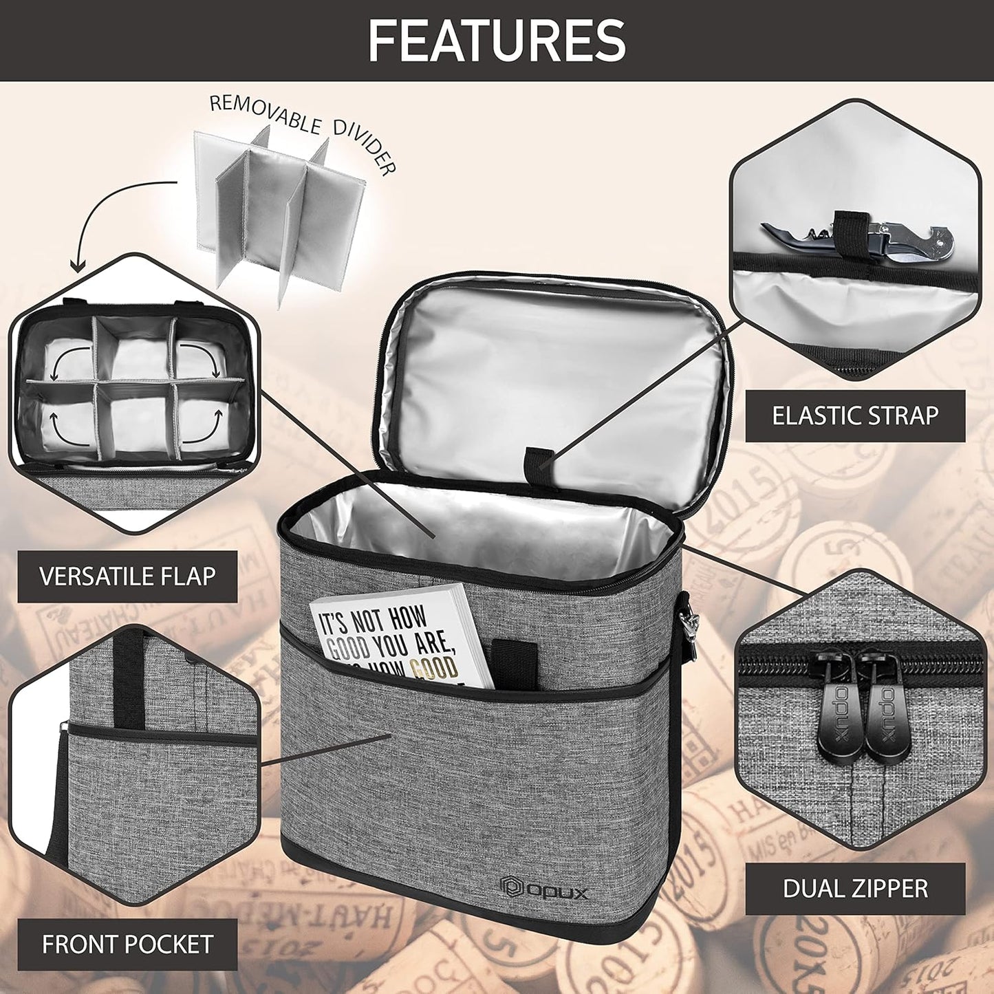 6 Bottle Carrier Tote | Insulated Padded Wine Cooler Bag for Travel. Picnic, BYOB | Portable Leakproof Wine Tote Bag for Dinner, Party, Christmas, Wine Gift for Women, Men (Heather Gray)