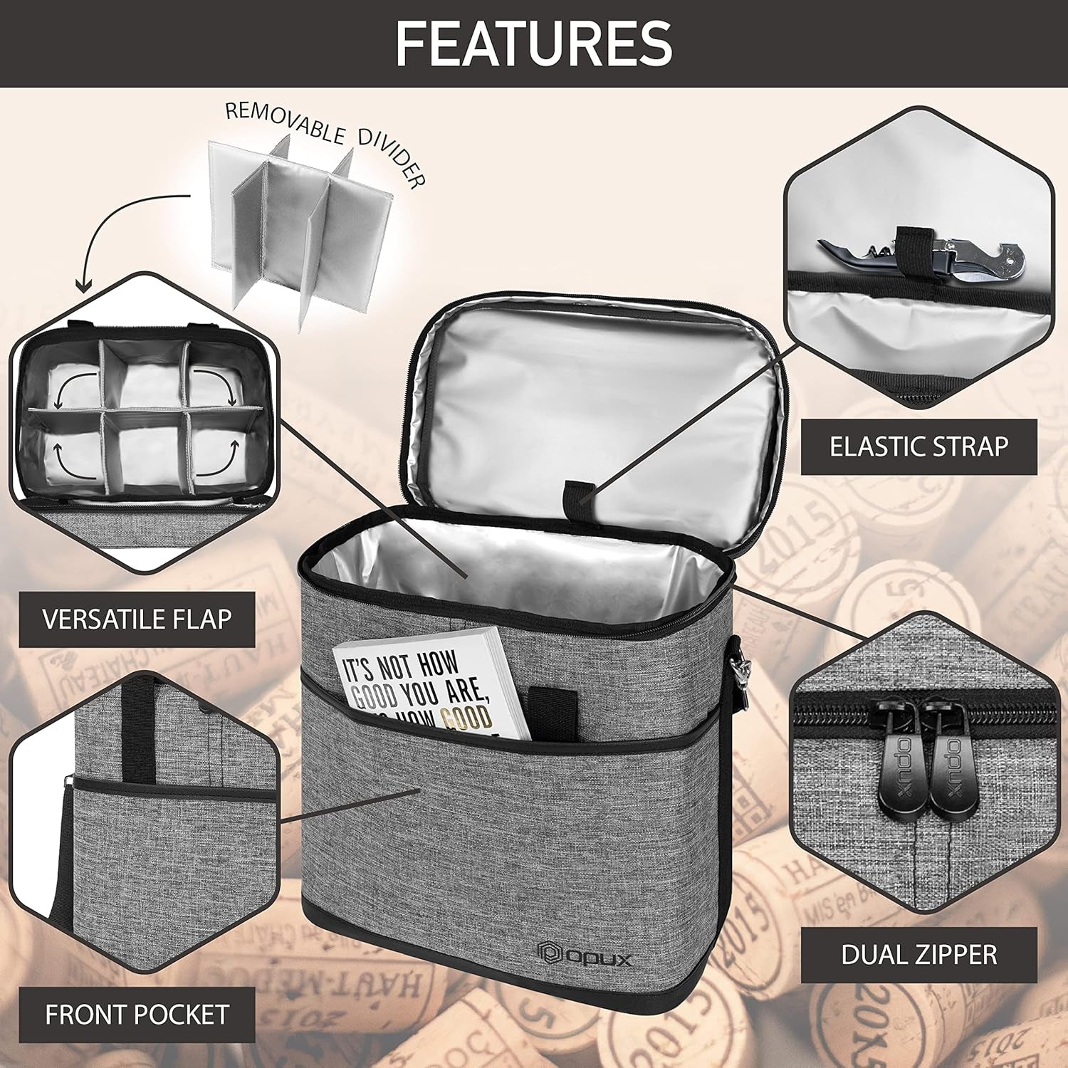 6 Bottle Carrier Tote | Insulated Padded Wine Cooler Bag for Travel. Picnic, BYOB | Portable Leakproof Wine Tote Bag for Dinner, Party, Christmas, Wine Gift for Women, Men (Heather Gray)