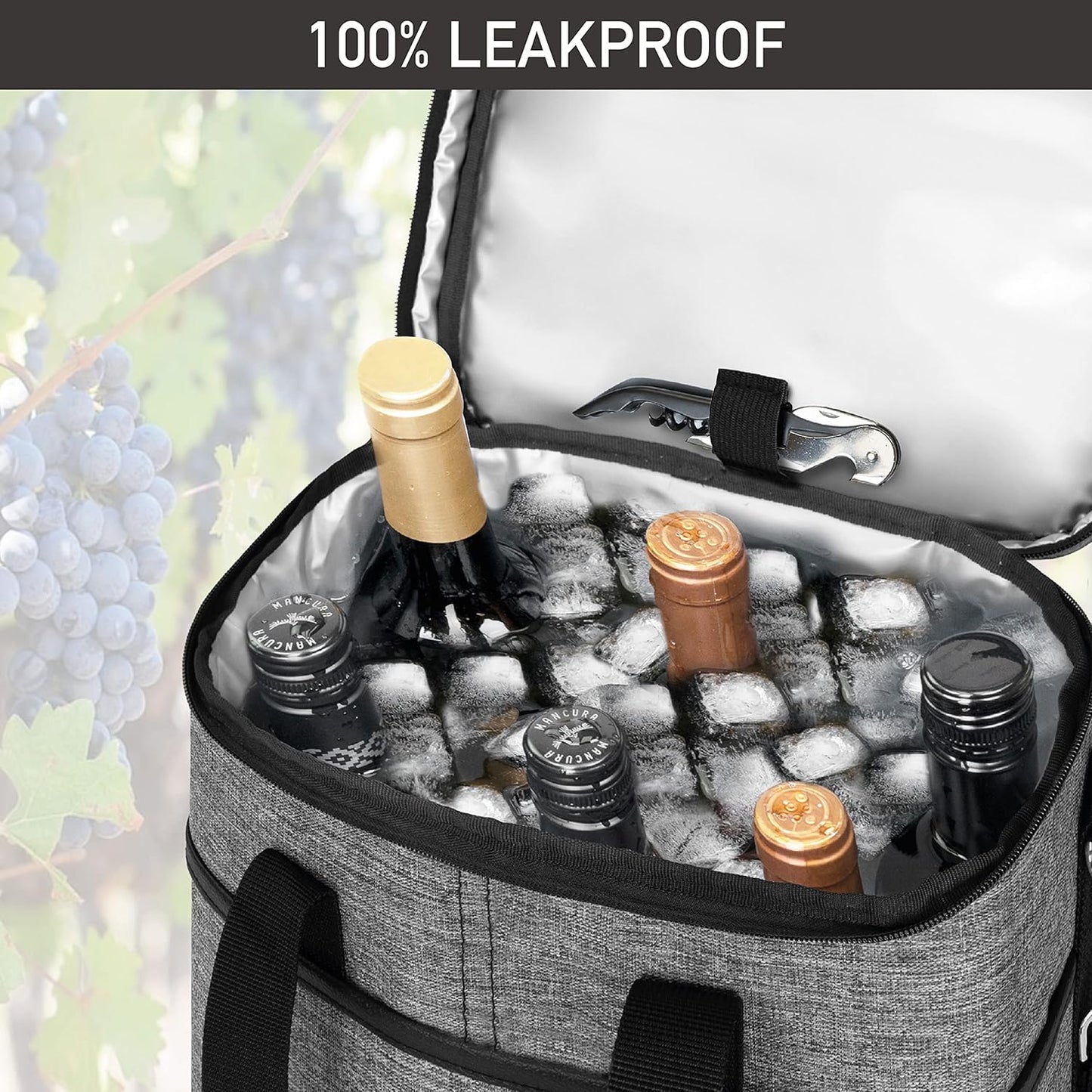 6 Bottle Carrier Tote | Insulated Padded Wine Cooler Bag for Travel. Picnic, BYOB | Portable Leakproof Wine Tote Bag for Dinner, Party, Christmas, Wine Gift for Women, Men (Heather Gray)