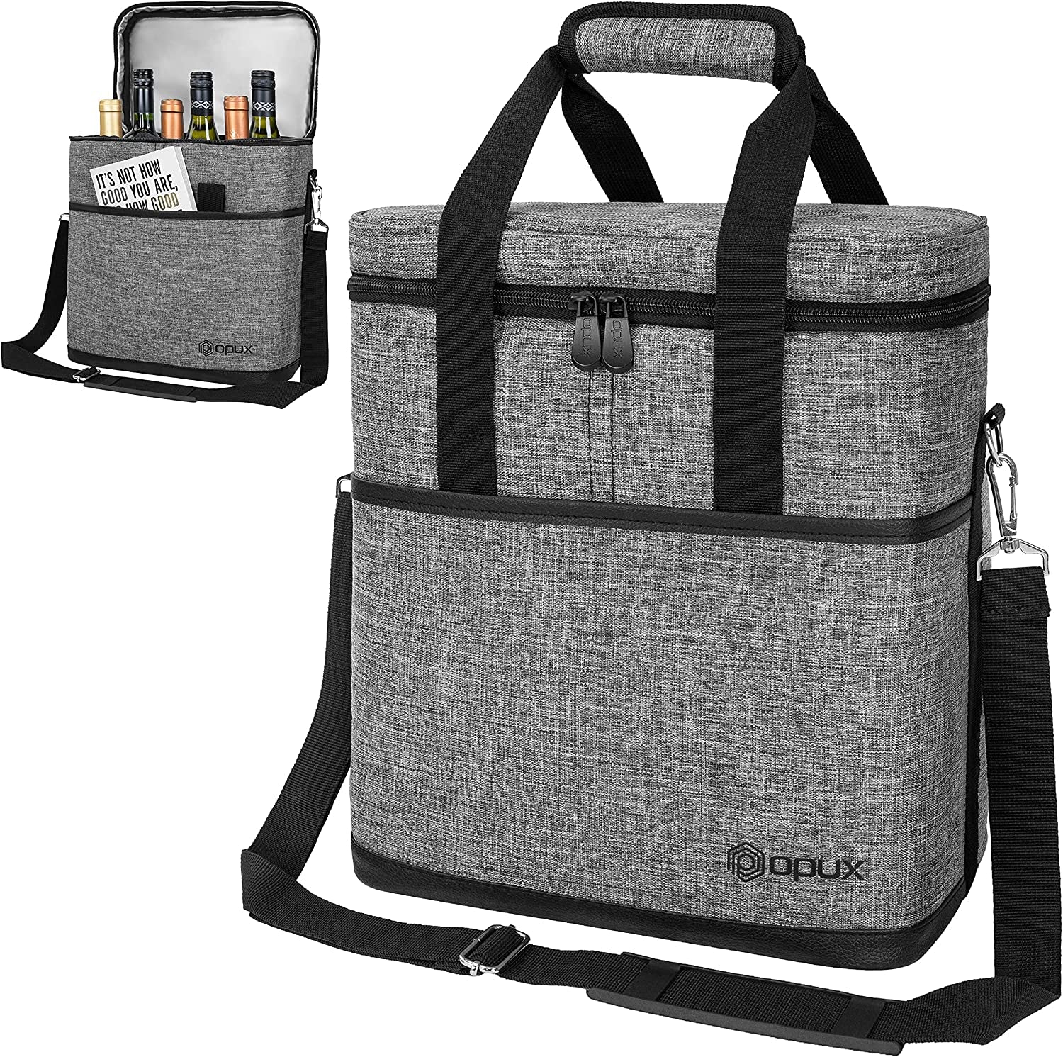 6 Bottle Carrier Tote | Insulated Padded Wine Cooler Bag for Travel. Picnic, BYOB | Portable Leakproof Wine Tote Bag for Dinner, Party, Christmas, Wine Gift for Women, Men (Heather Gray)