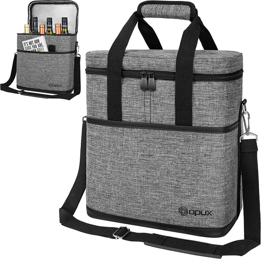 6 Bottle Carrier Tote | Insulated Padded Wine Cooler Bag for Travel. Picnic, BYOB | Portable Leakproof Wine Tote Bag for Dinner, Party, Christmas, Wine Gift for Women, Men (Heather Gray)