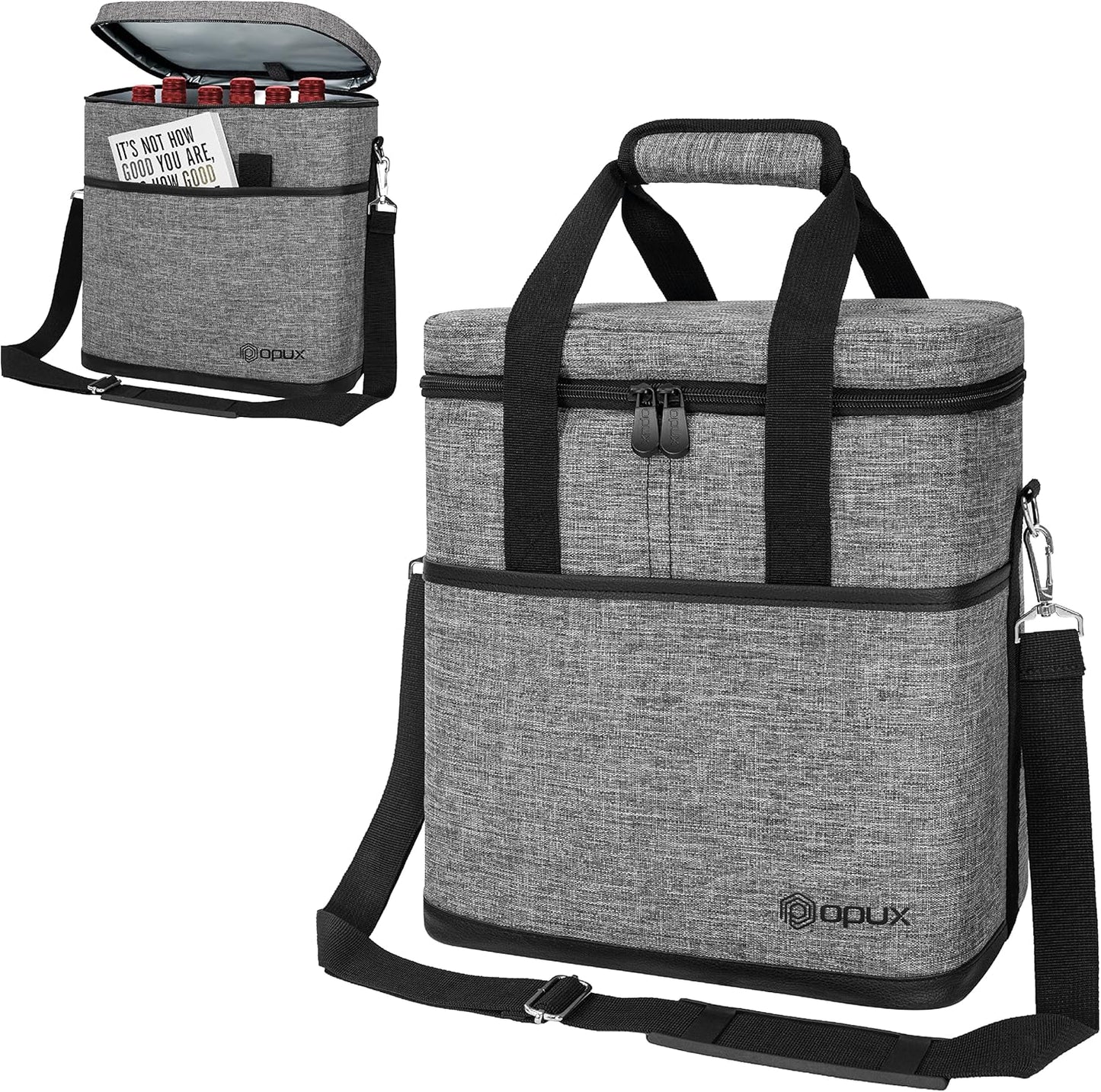 6 Bottle Carrier Tote | Insulated Padded Wine Cooler Bag for Travel. Picnic, BYOB | Portable Leakproof Wine Tote Bag for Dinner, Party, Christmas, Wine Gift for Women, Men (Heather Gray)