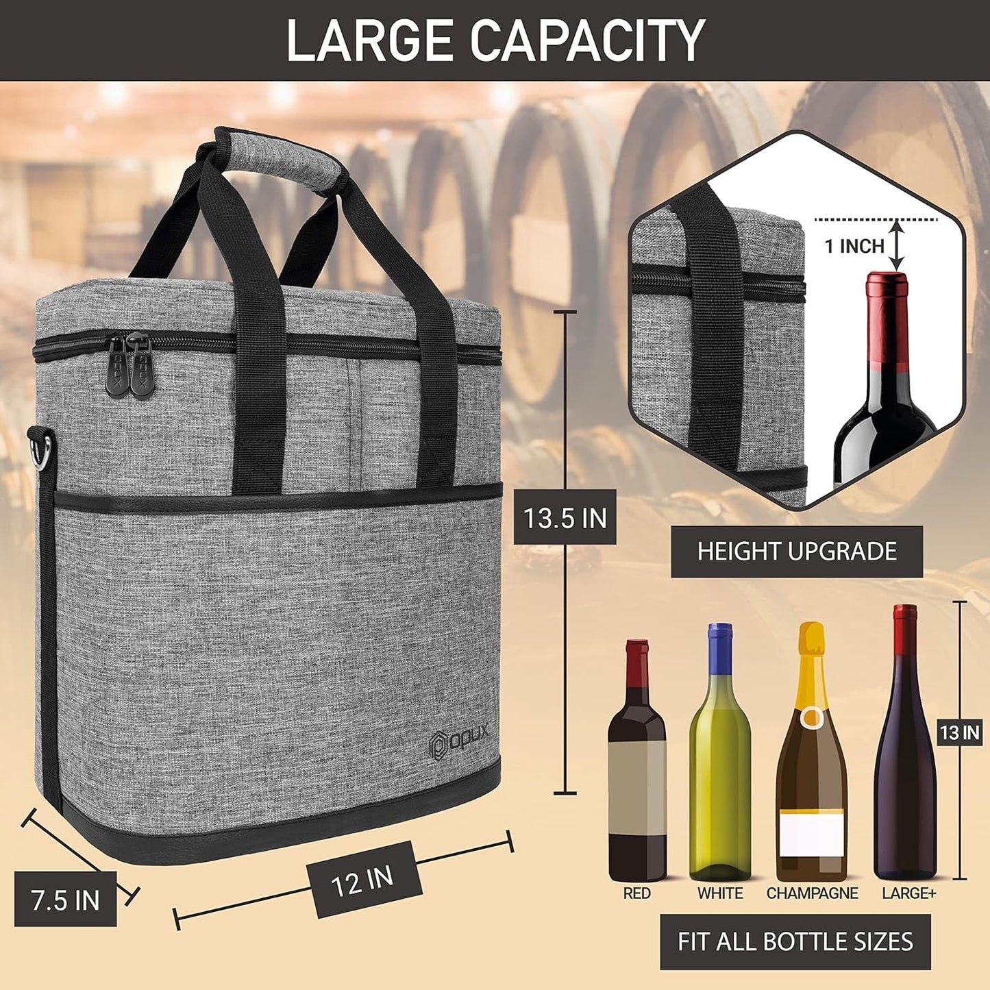 6 Bottle Carrier Tote | Insulated Padded Wine Cooler Bag for Travel. Picnic, BYOB | Portable Leakproof Wine Tote Bag for Dinner, Party, Christmas, Wine Gift for Women, Men (Heather Gray)