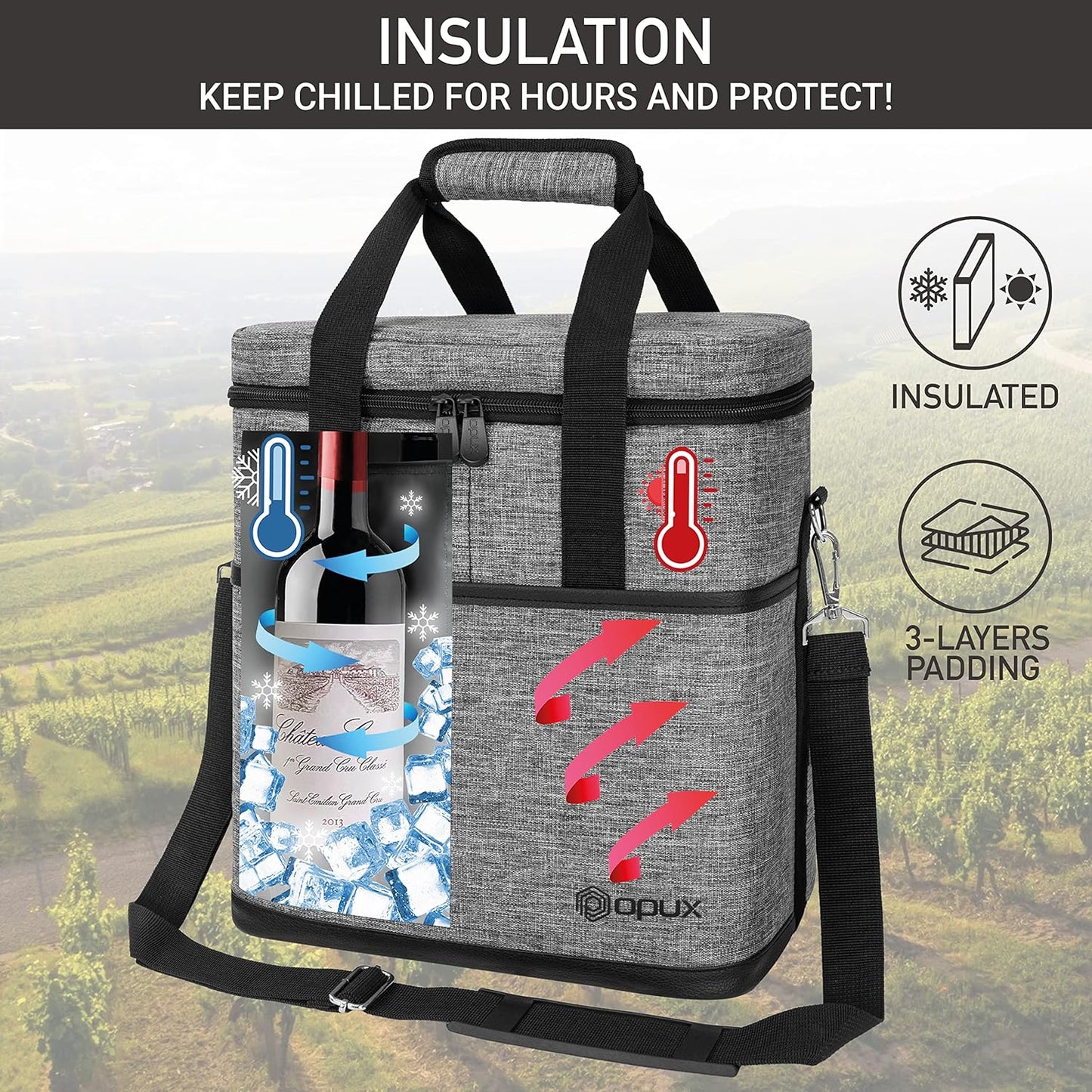 6 Bottle Carrier Tote | Insulated Padded Wine Cooler Bag for Travel. Picnic, BYOB | Portable Leakproof Wine Tote Bag for Dinner, Party, Christmas, Wine Gift for Women, Men (Heather Gray)